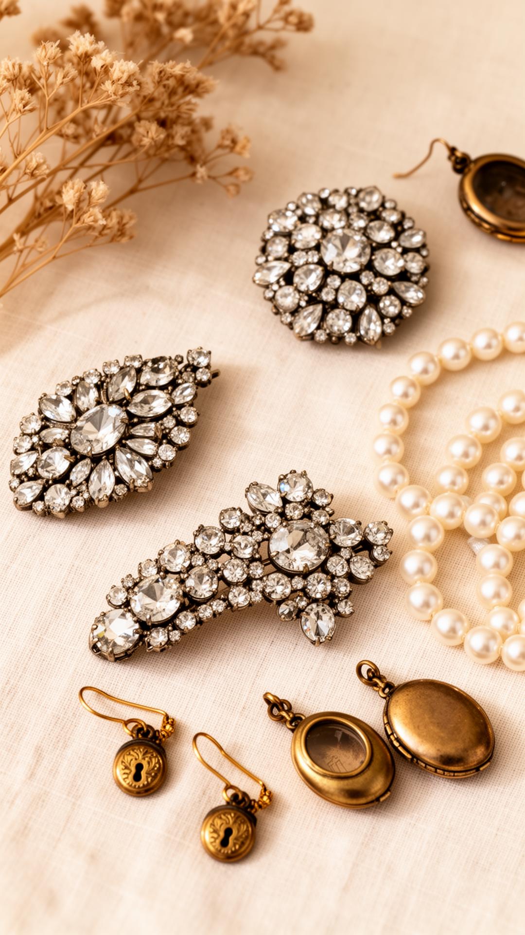 A curated flat lay of vintage rhinestone brooches, pearl strands and antique lockets