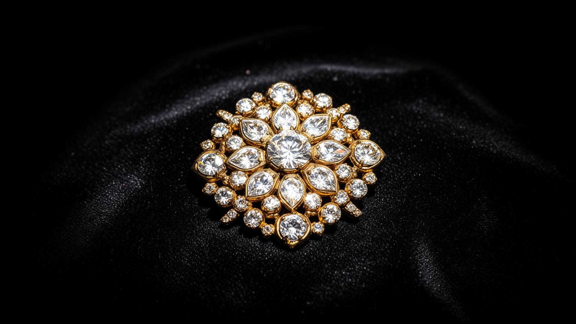 Gilded vintage rhinestone brooch glittering on deep black velvet