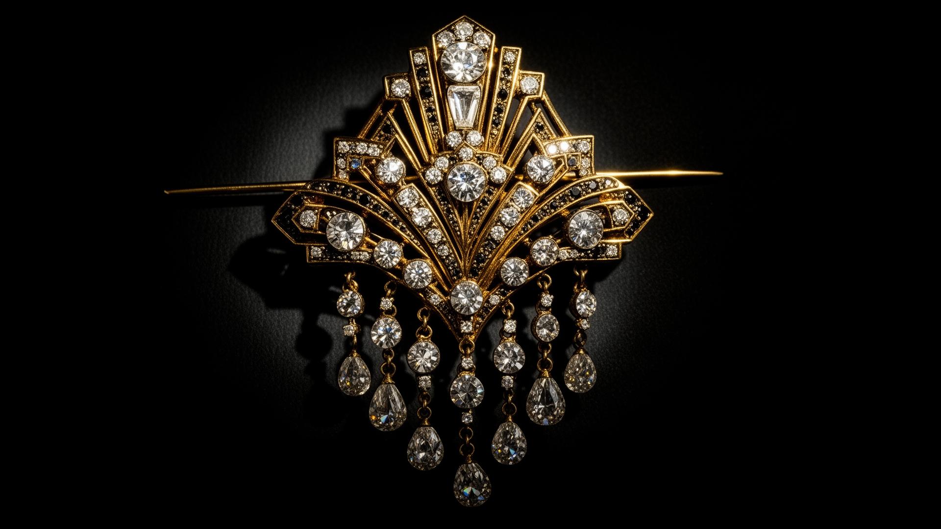 Art Deco vintage brooch with cascading rhinestones on black
