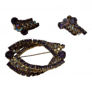 Vintage Purple Rhinestone Brooch & Clip-on Earring Set