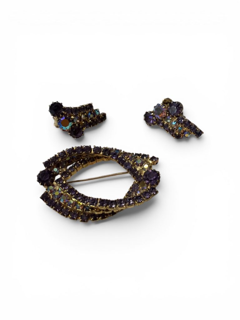 Vintage Purple Rhinestone Brooch & Clip-on Earring Set — view 2