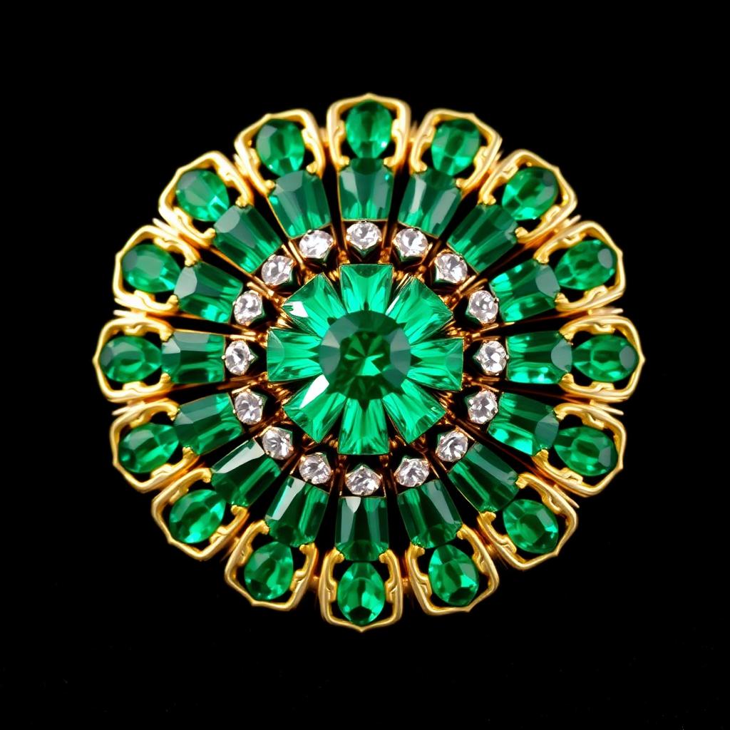 Art Deco Emerald Rhinestone Sunburst Brooch